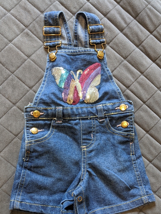 Colette Lilly Other - Colette Lilly Baby Girl Butterfly Sequin Denim Shortalls Overalls Size 12M